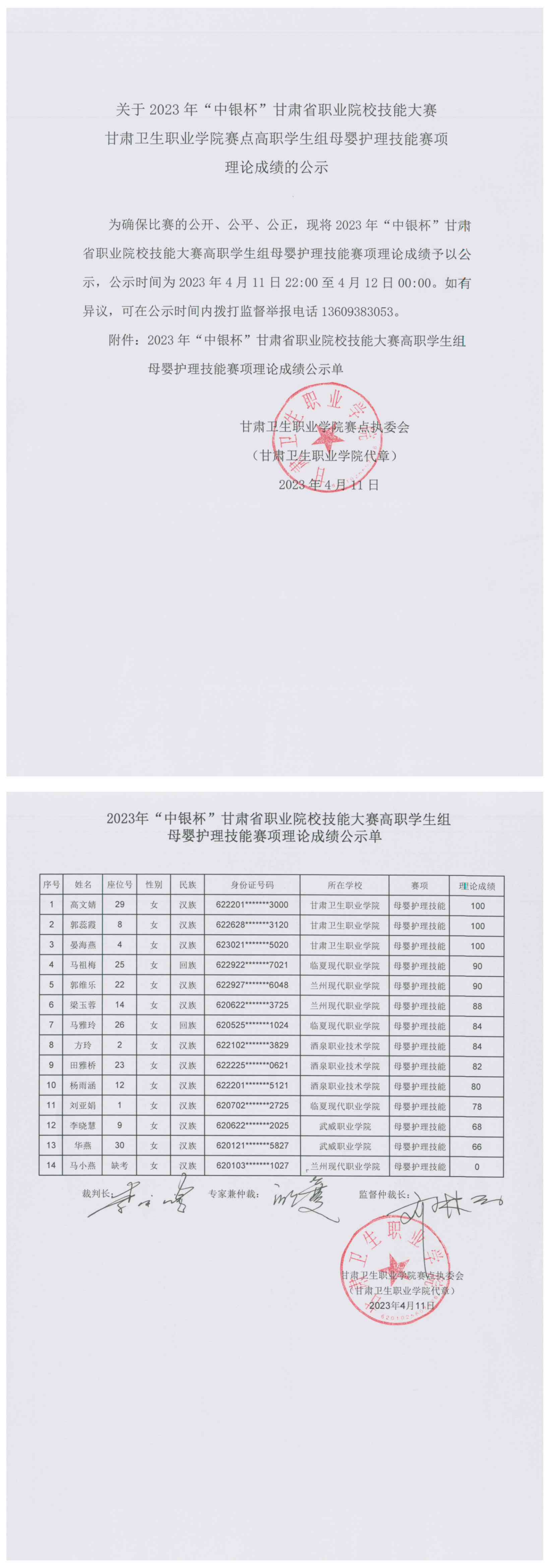 02关于2023年“中银杯”甘肃省职业院校技能大赛yl23455永利官网赛点高职学生组母婴护理技能赛项理论成绩的公示.png